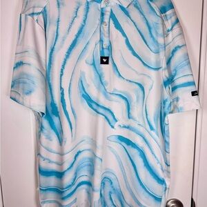 Bad Birdie Men’s Golf Polo Shirt Small Blue Wave Print Athletic Coastal Vibes